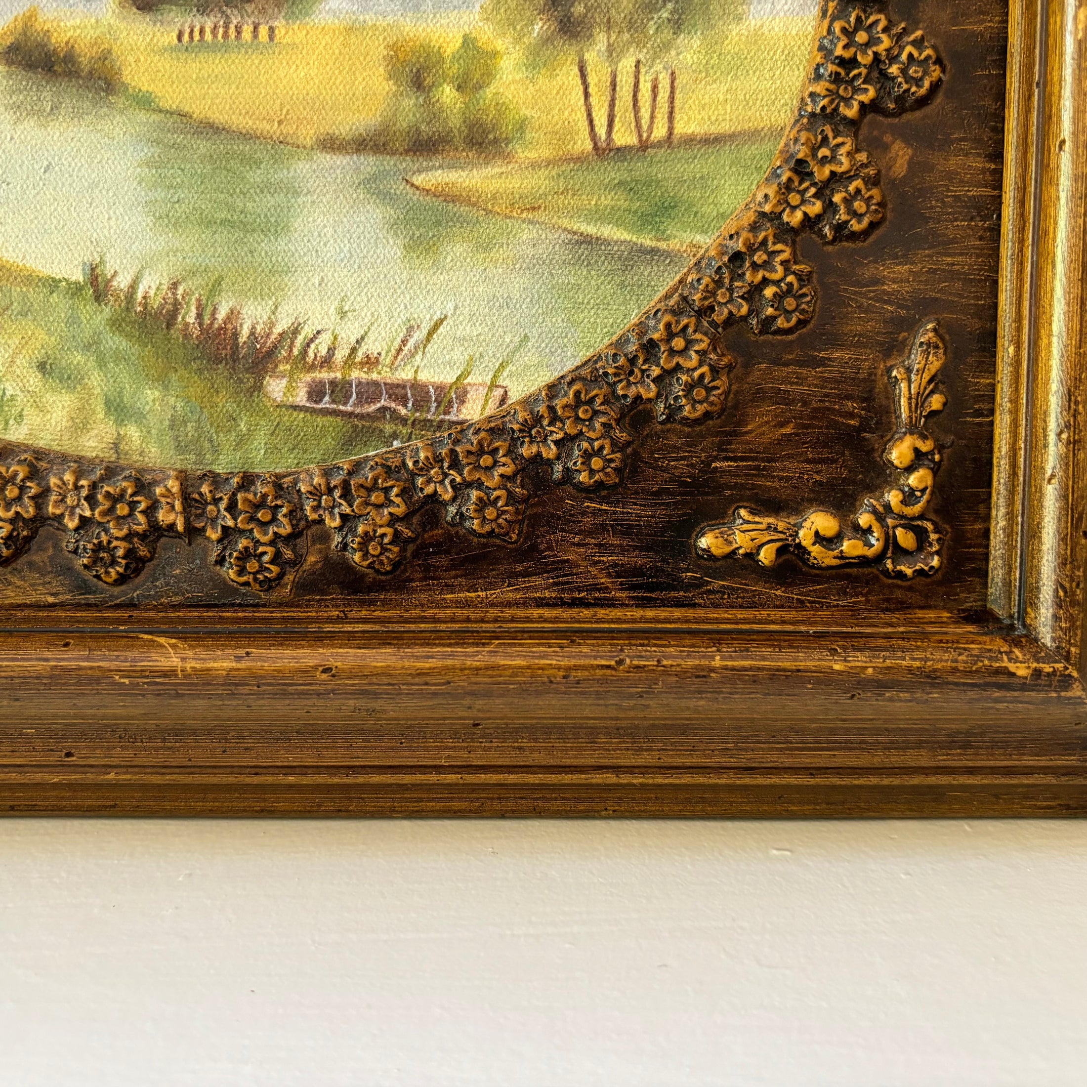 Vintage Countryside Painting of Creek w/Ornate Wood Frame - Signed by Kathy Redfern