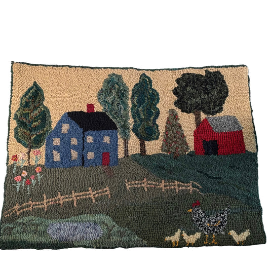 Hand Hooked Rug/Wall Hanging - Salt Box w/Chickens