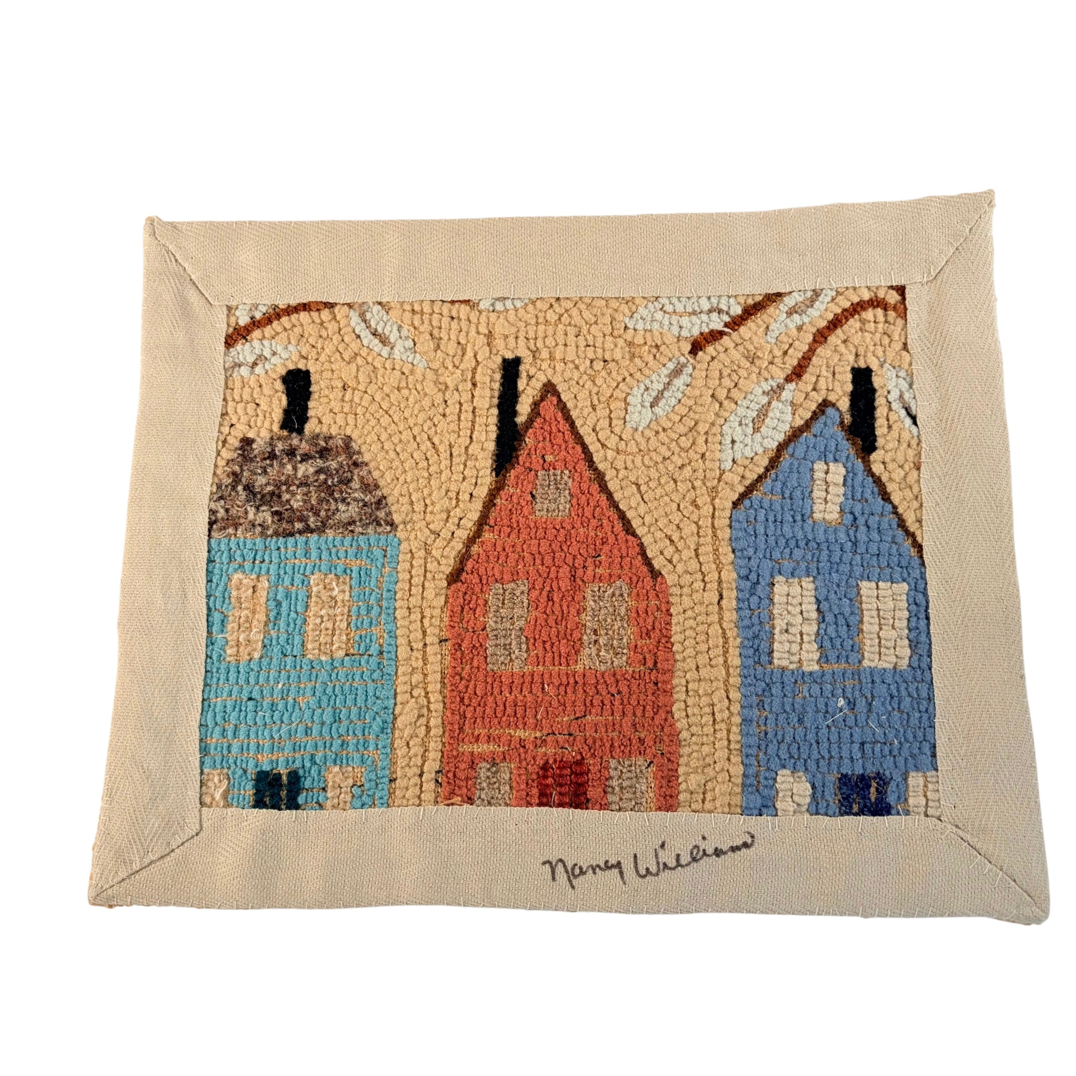Hand Hooked Rug/Wall Hanging - Three Salt Boxes - Signed Nancy Williams