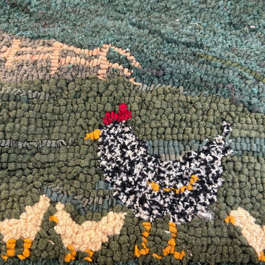 Hand Hooked Rug/Wall Hanging - Salt Box w/Chickens