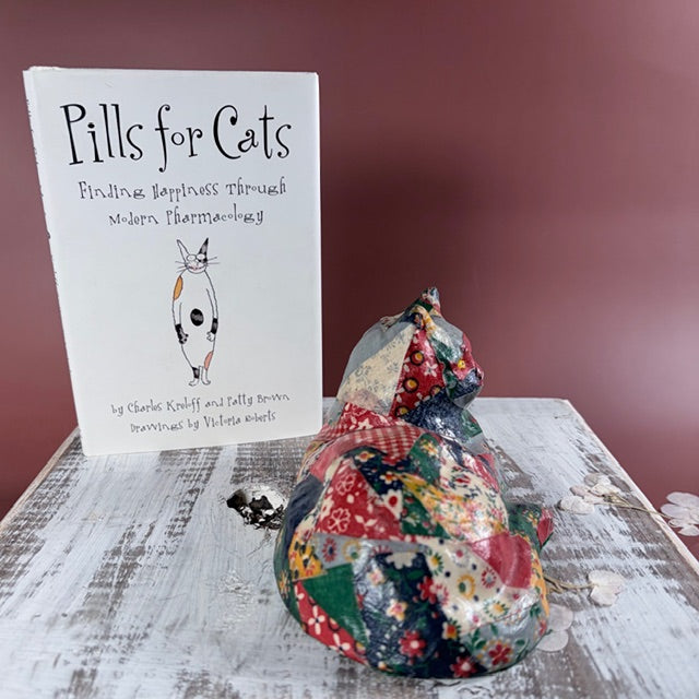 Vintage Calico Decoupage Ceramic Crazy Quilt Cat/Pills For Cats