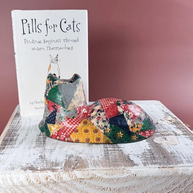 Vintage Calico Decoupage Ceramic Crazy Quilt Cat/Pills For Cats