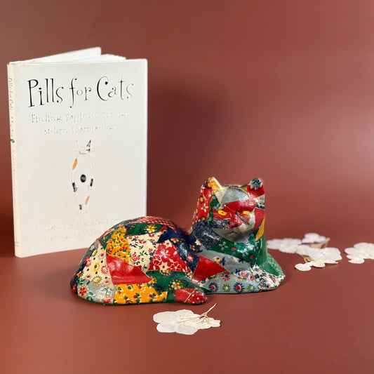 Vintage Calico Decoupage Ceramic Crazy Quilt Cat/Pills For Cats