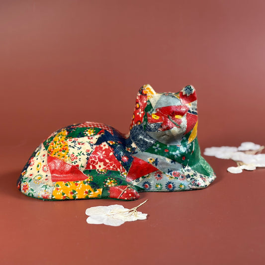 Vintage Calico Decoupage Ceramic Crazy Quilt Cat/Pills For Cats