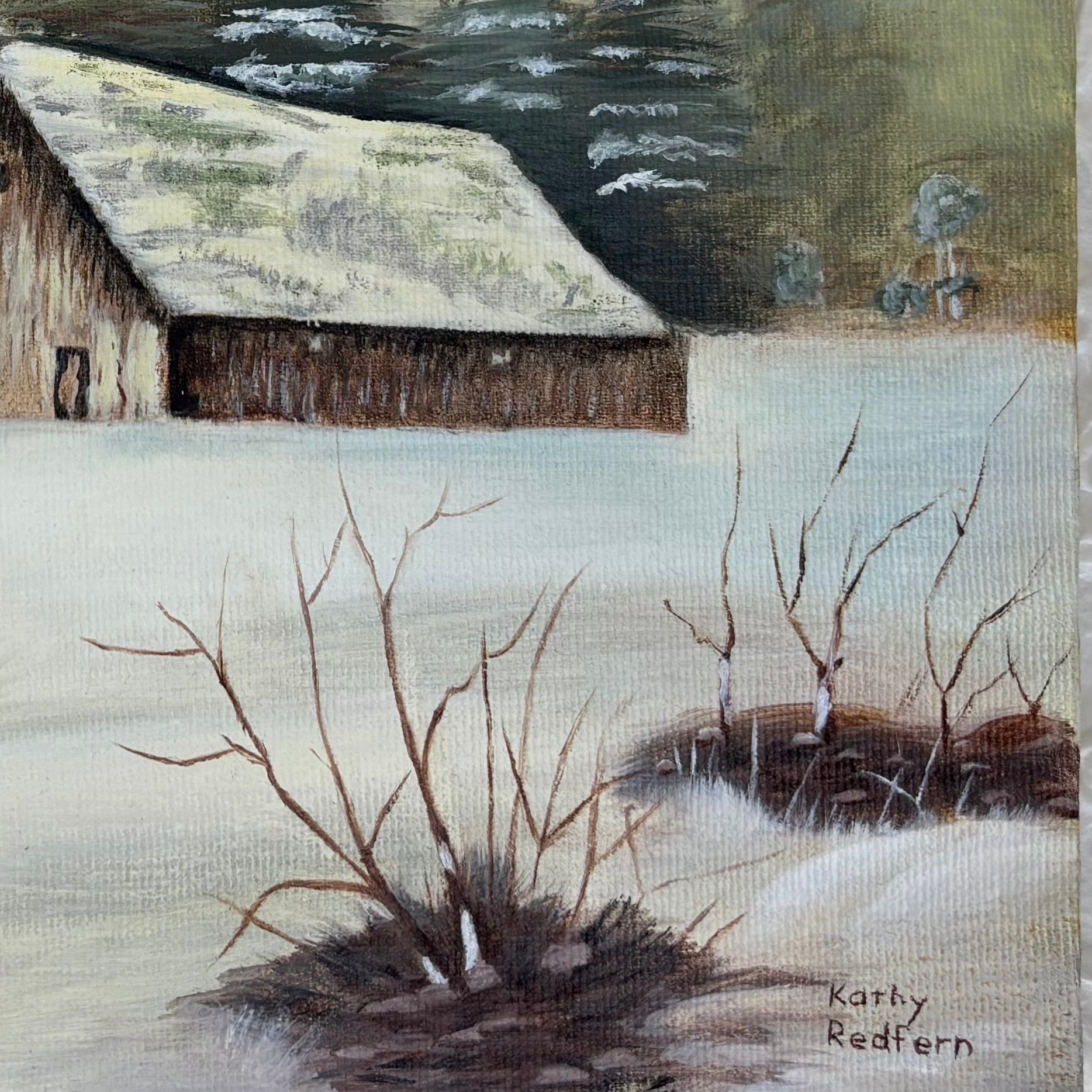 Vintage Countryside Painting of Barn in Winter - Signed by Kathy Redfern