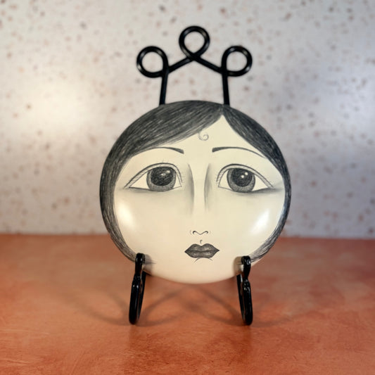 Vintage Handpainted Circular Ceramic Face Sculpture - Moon with Open Eyes - Signed J Alverez