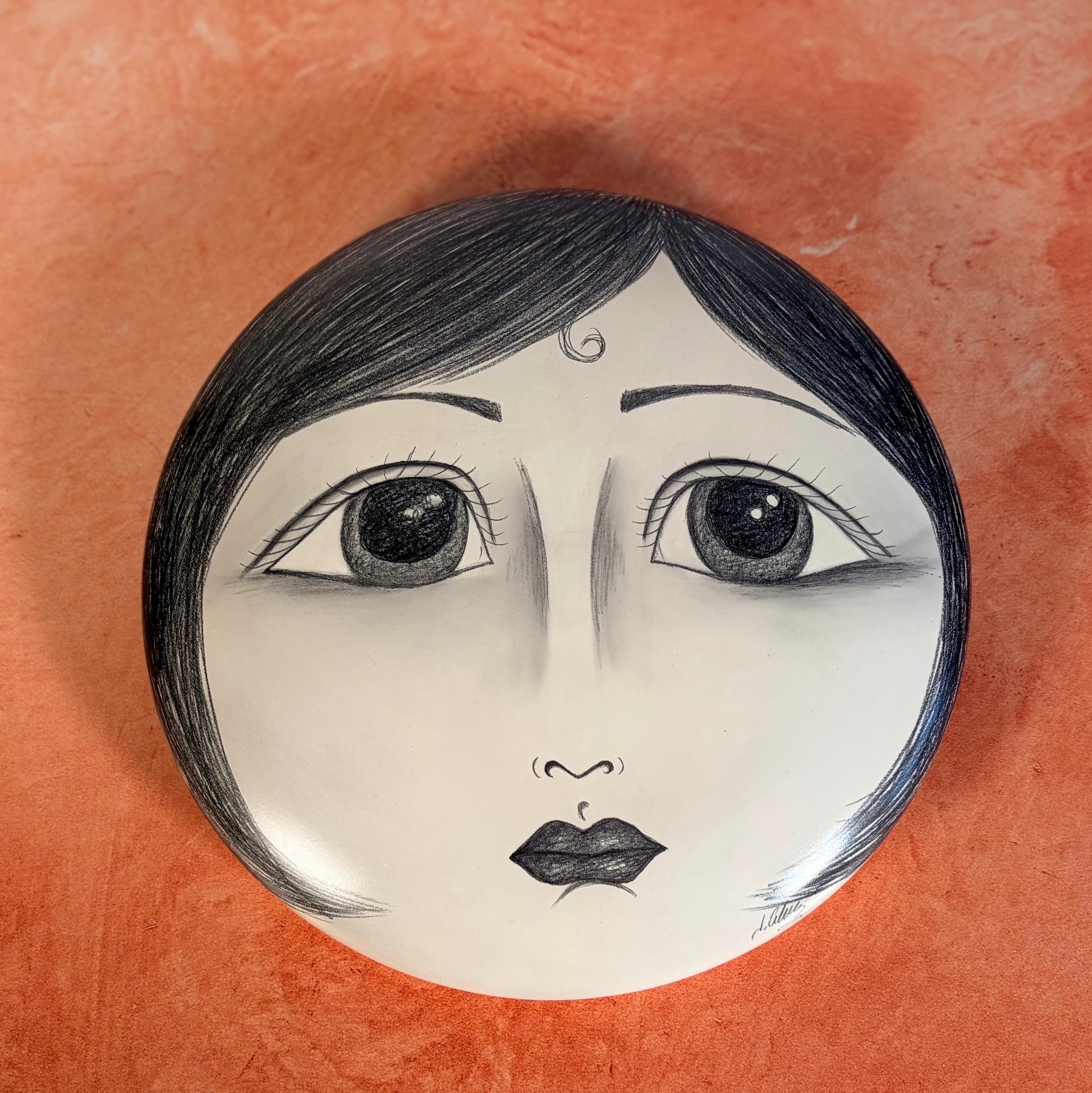 Vintage Handpainted Circular Ceramic Face Sculpture - Moon with Open Eyes - Signed J Alverez