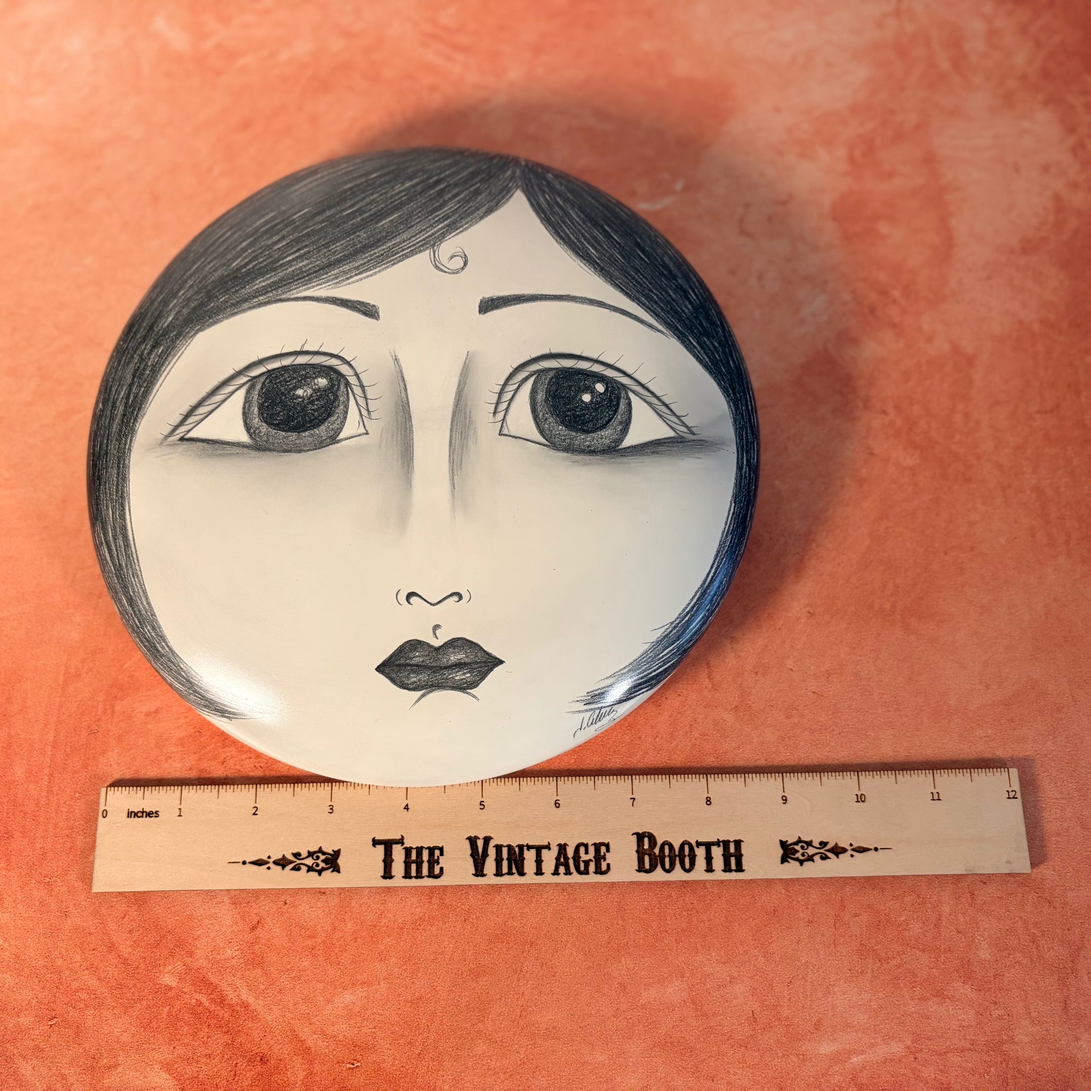 Vintage Handpainted Circular Ceramic Face Sculpture - Moon with Open Eyes - Signed J Alverez