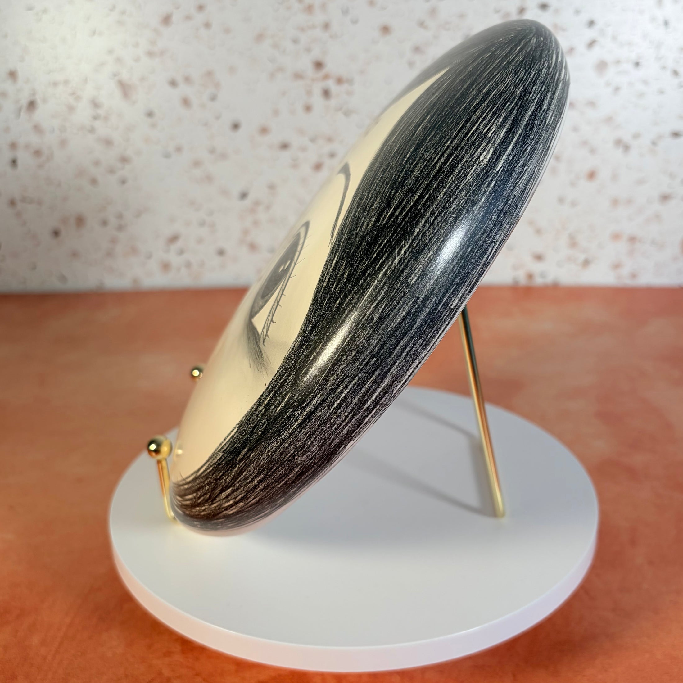 Vintage Handpainted Circular Ceramic Face Sculpture - Moon with Open Eyes - Signed J Alverez