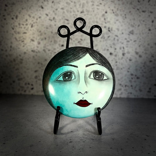 Vintage Hand Painted Circular Ceramic Face Sculpture Moon with Open Eyes & Blue Background Signed J Alverez