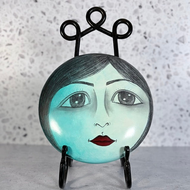 Vintage Hand Painted Circular Ceramic Face Sculpture Moon with Open Eyes & Blue Background Signed J Alverez