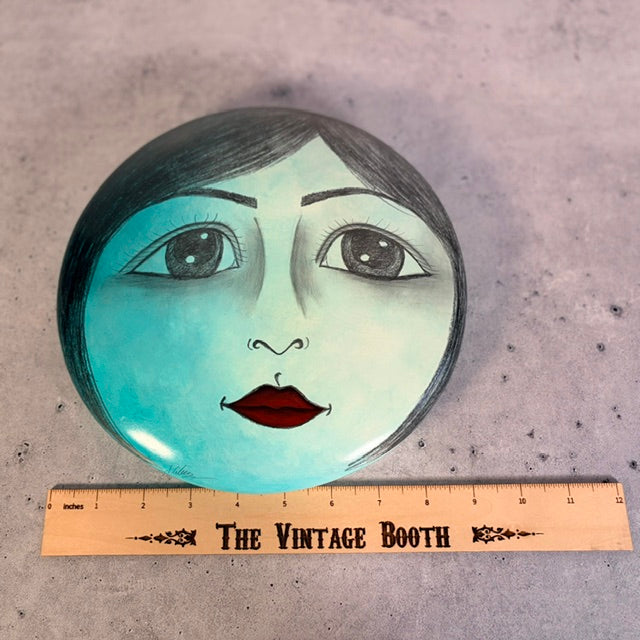 Vintage Hand Painted Circular Ceramic Face Sculpture Moon with Open Eyes & Blue Background Signed J Alverez
