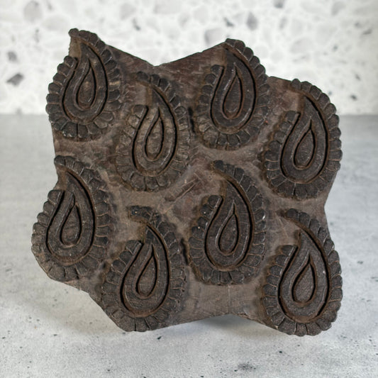 Vintage Hand Carved Wooden Printing Block Stamp with Paisley Pattern