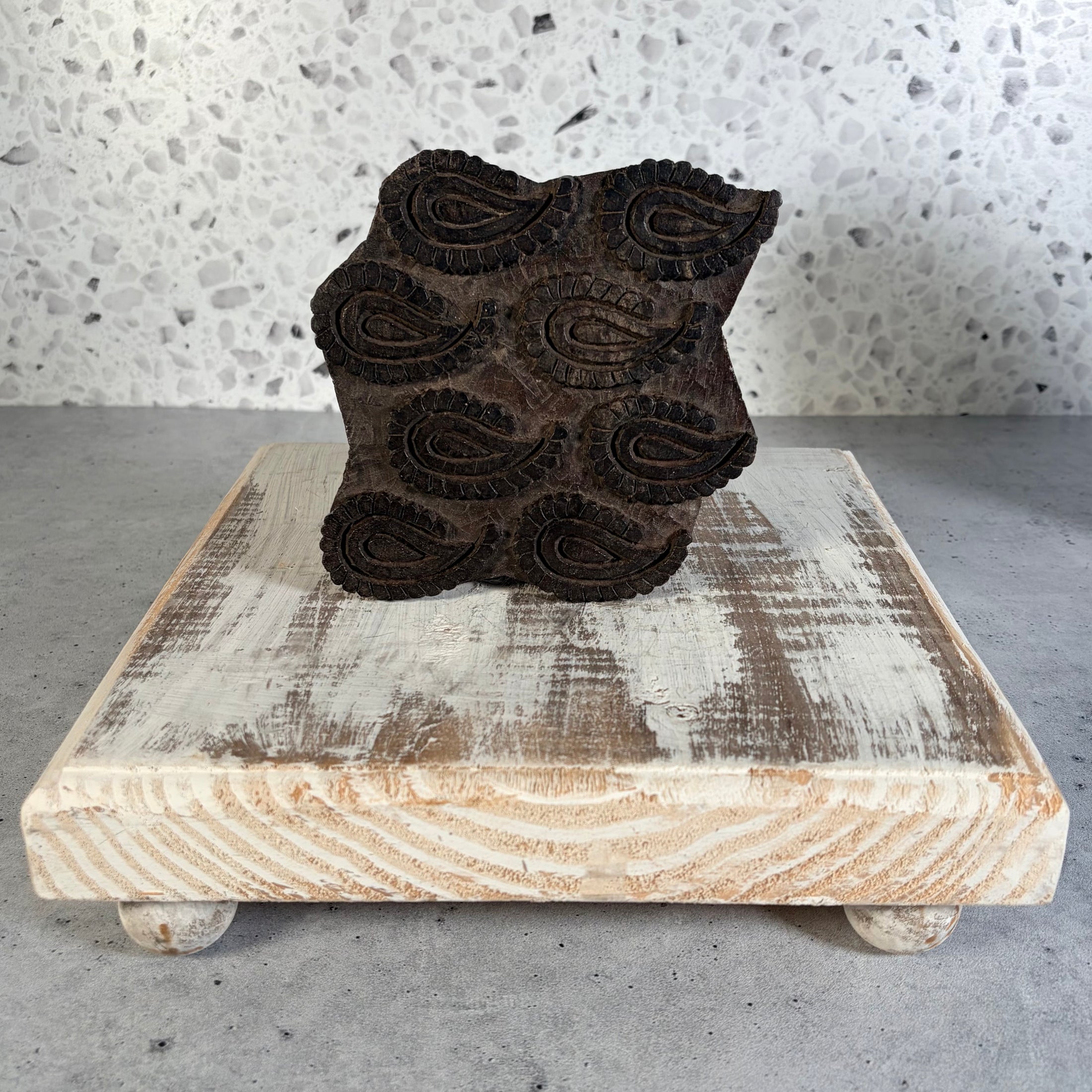 Vintage Hand Carved Wooden Printing Block Stamp with Paisley Pattern