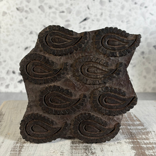 Vintage Hand Carved Wooden Printing Block Stamp with Paisley Pattern