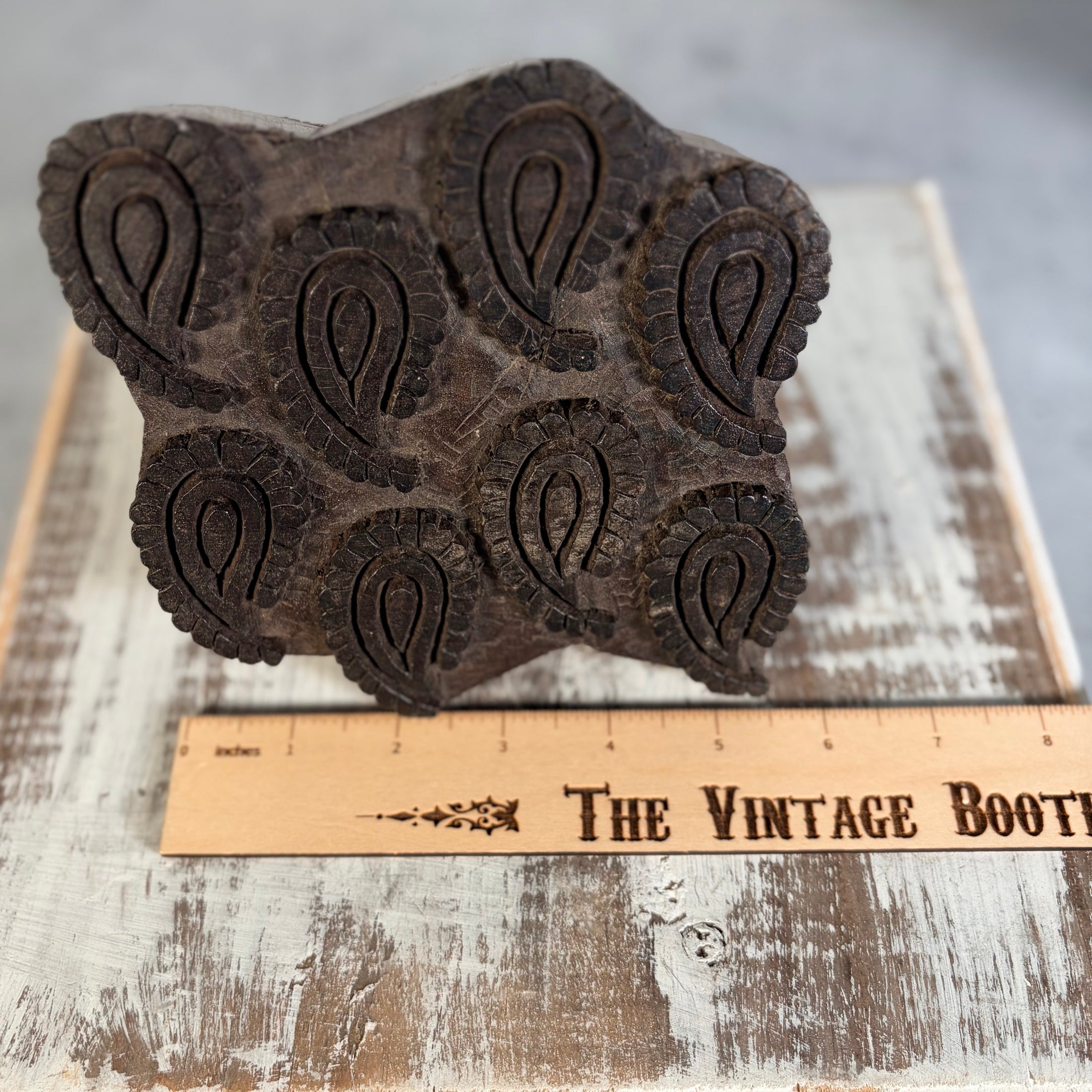 Vintage Hand Carved Wooden Printing Block Stamp with Paisley Pattern