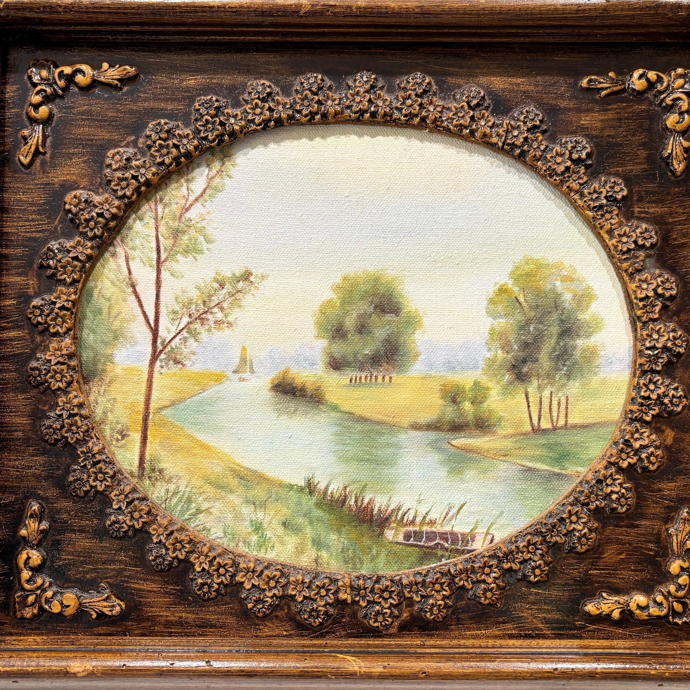 Vintage Countryside Painting of Creek w/Ornate Wood Frame - Signed by Kathy Redfern