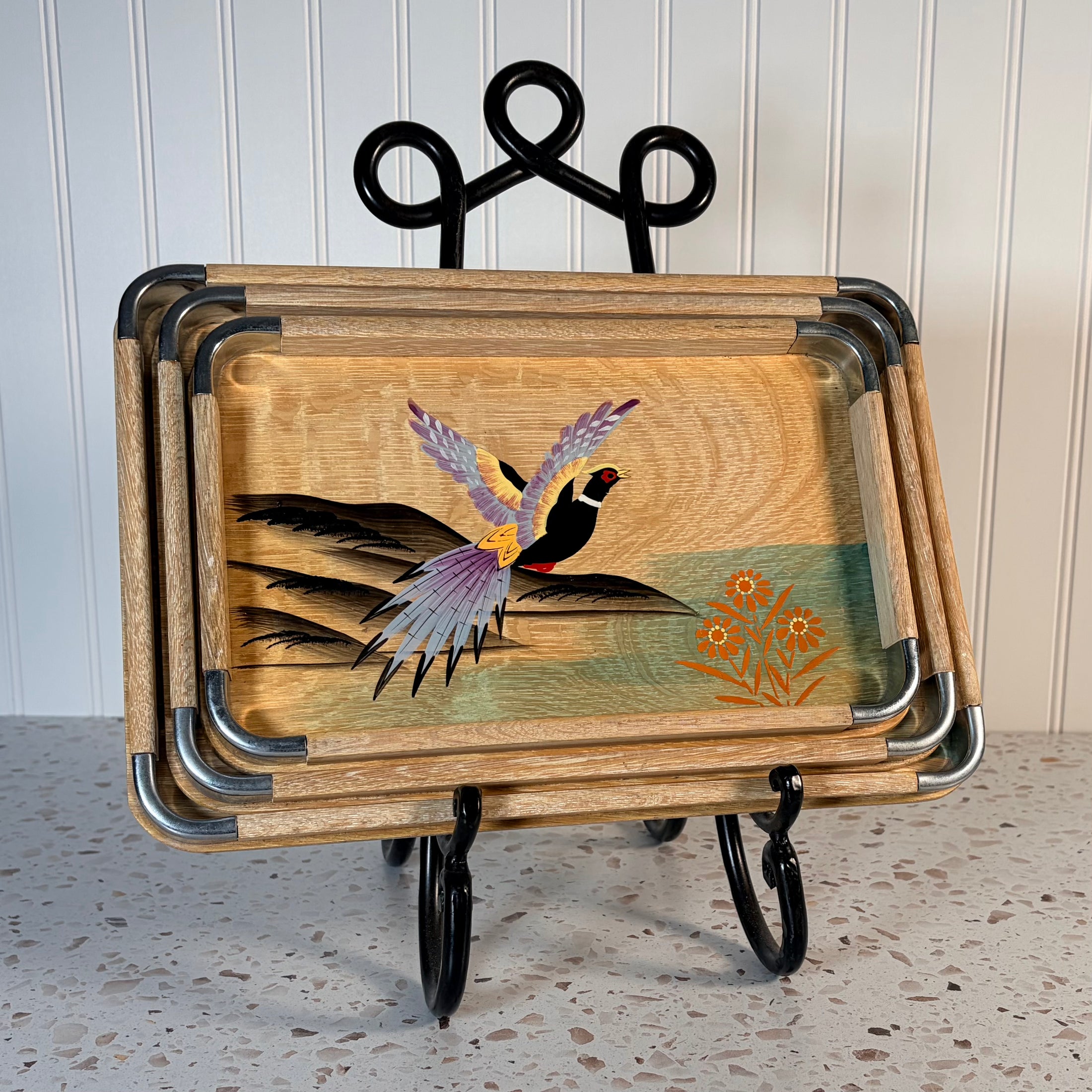 Vintage Japanese Mid Century Modern Hand Painted Pheasant Nesting Trays