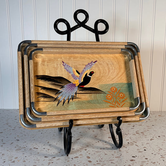 Vintage Japanese Mid Century Modern Hand Painted Pheasant Nesting Trays