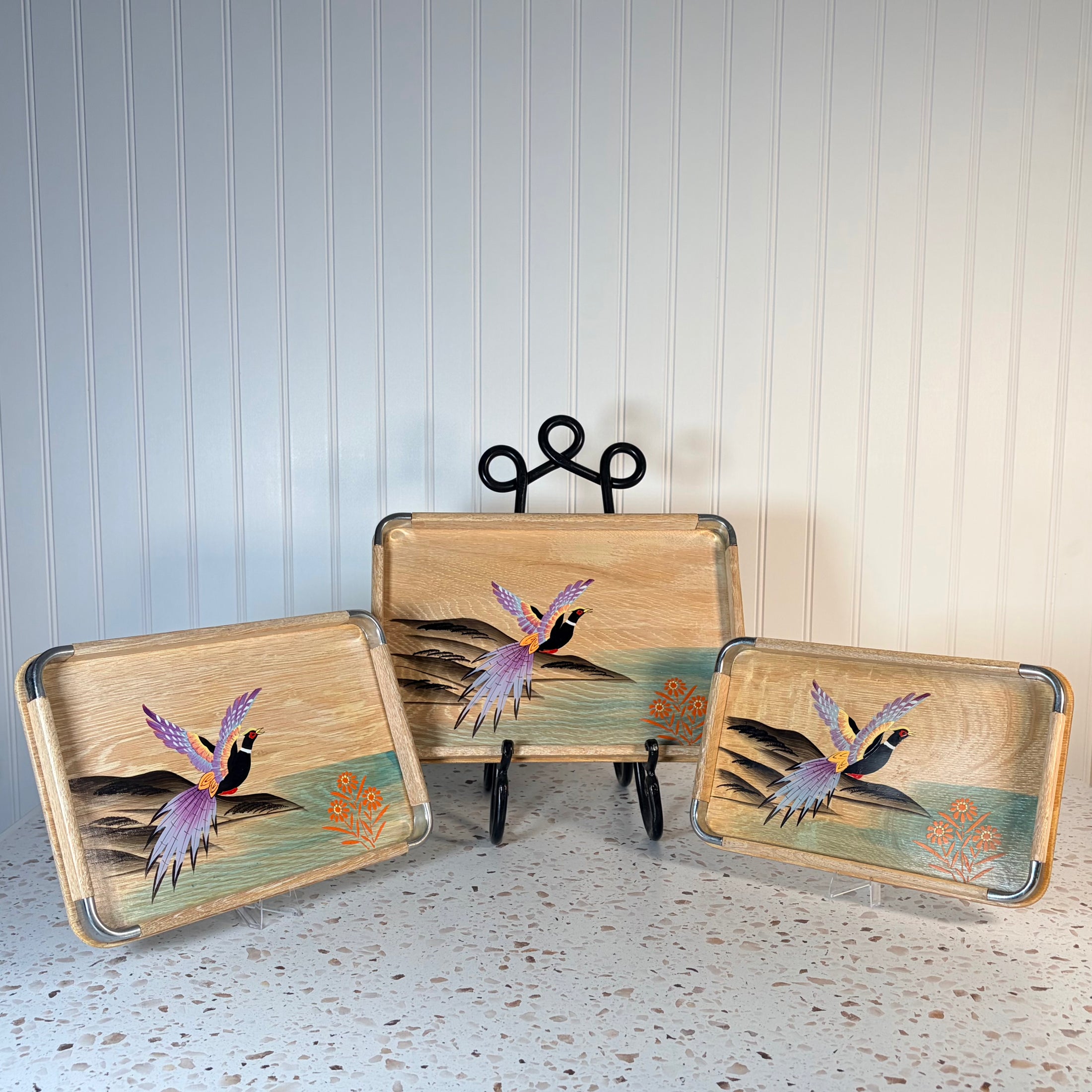 Vintage Japanese Mid Century Modern Hand Painted Pheasant Nesting Trays