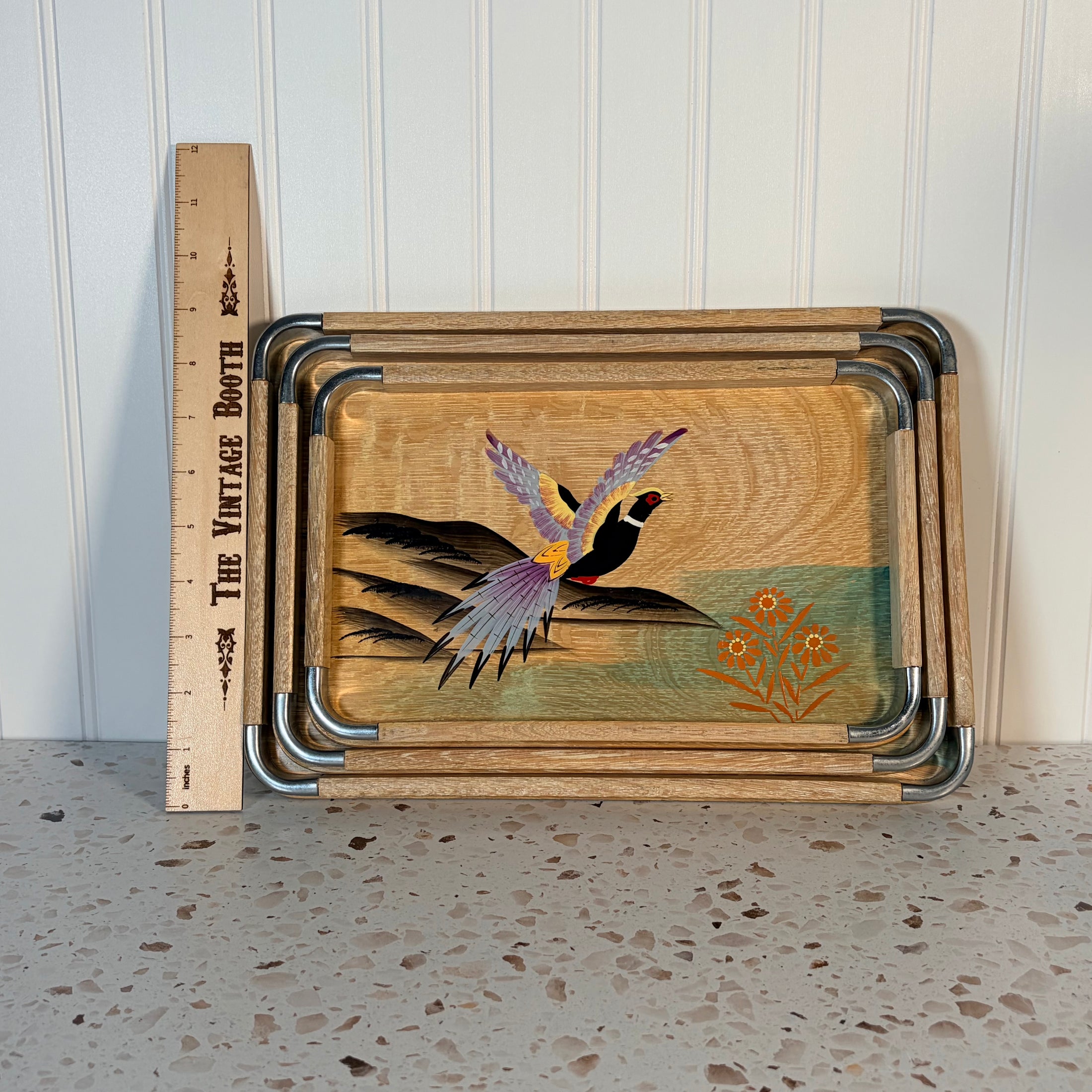 Vintage Japanese Mid Century Modern Hand Painted Pheasant Nesting Trays