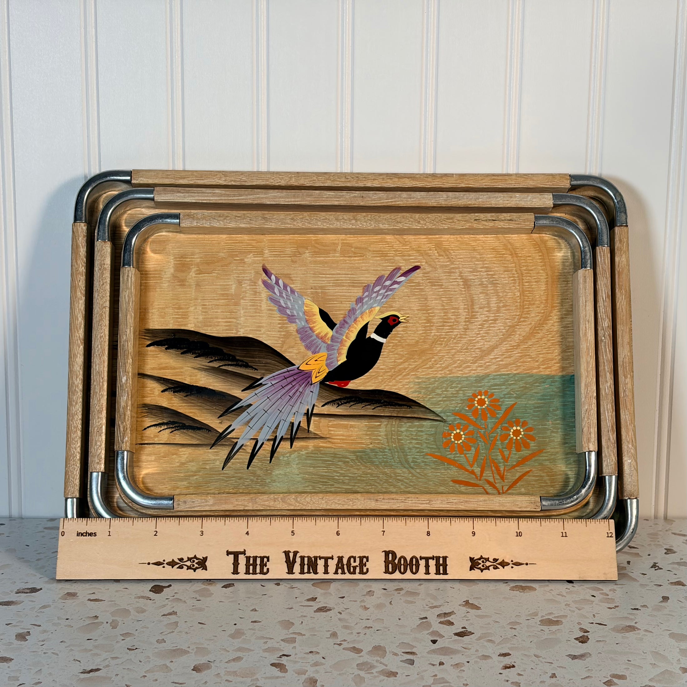Vintage Japanese Mid Century Modern Hand Painted Pheasant Nesting Trays
