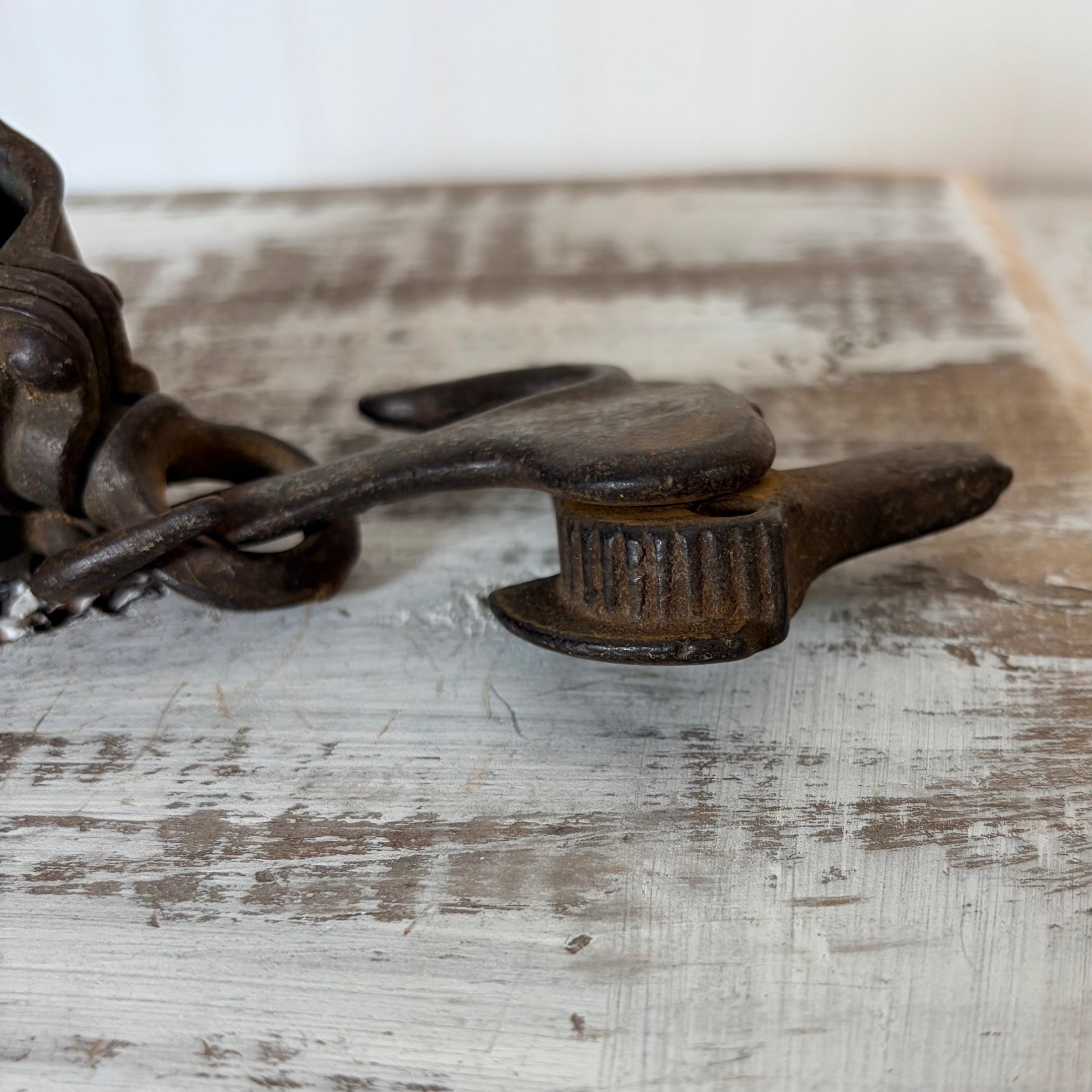 Vintage Double Pulley Barn Block & Tackle & Swivel Hook w/  Gear Locking Mechanism