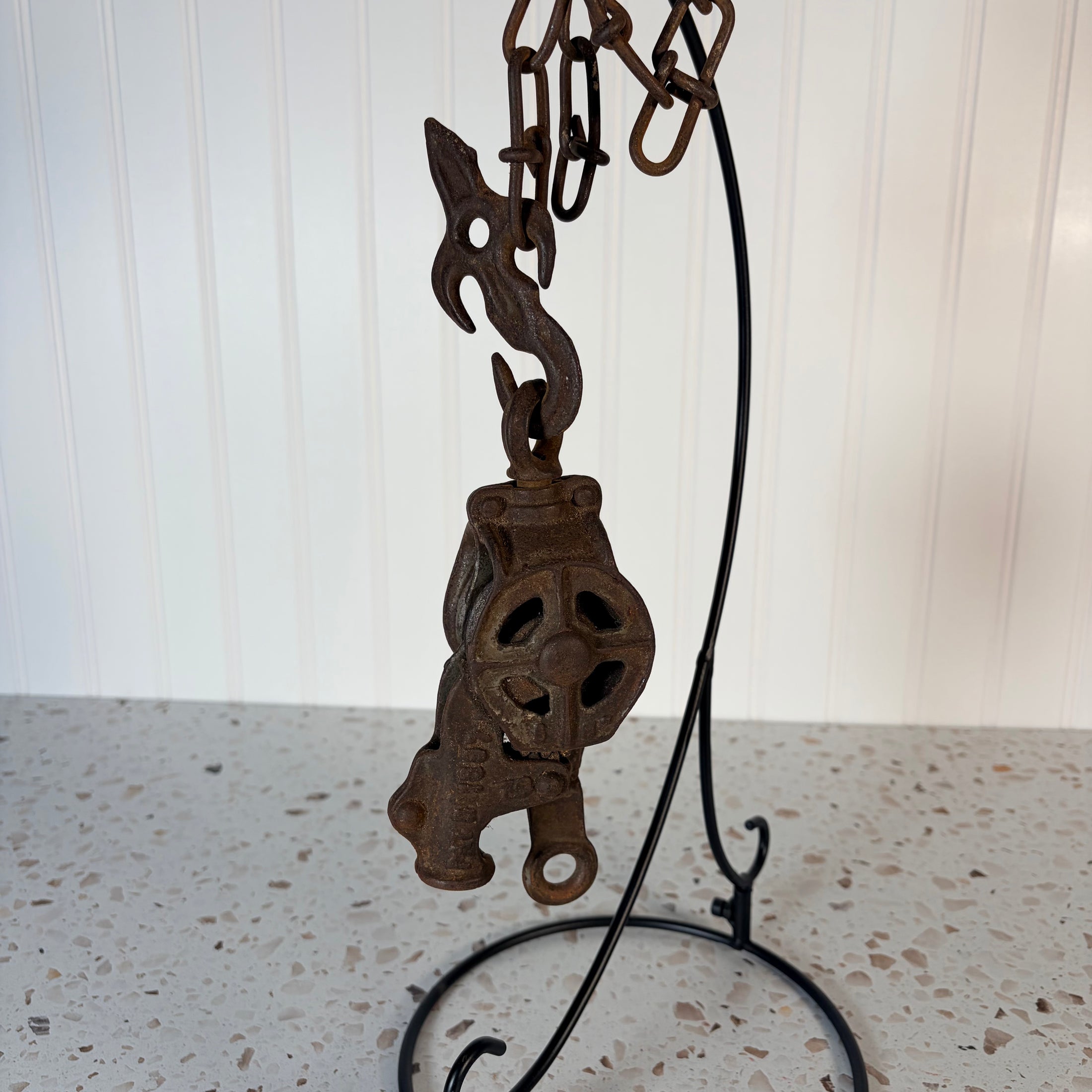Vintage Double Pulley Fence Stretcher Block & Tackle & Swivel Hook w/ Gear Lock Mechanism