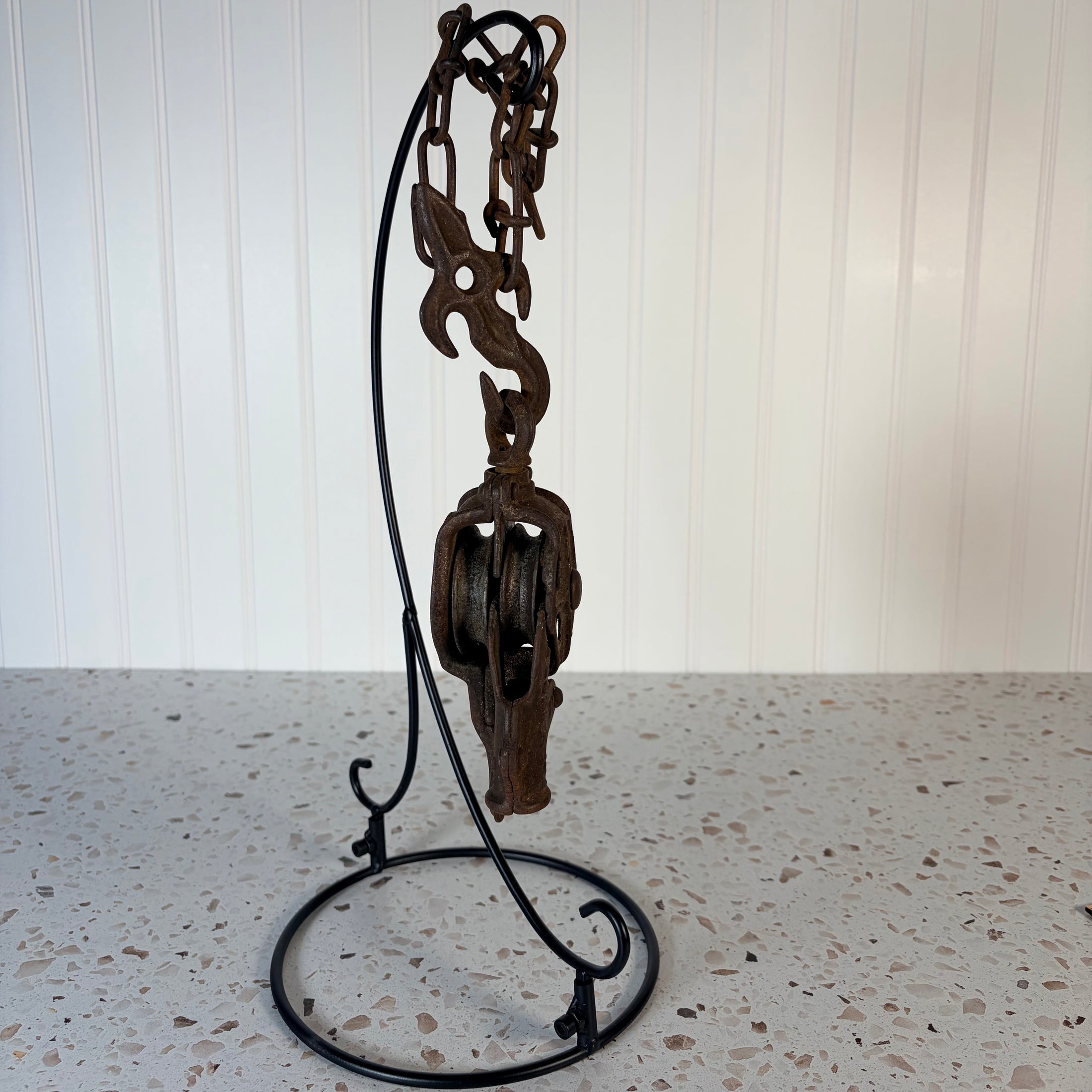 Vintage Double Pulley Fence Stretcher Block & Tackle & Swivel Hook w/ Gear Lock Mechanism