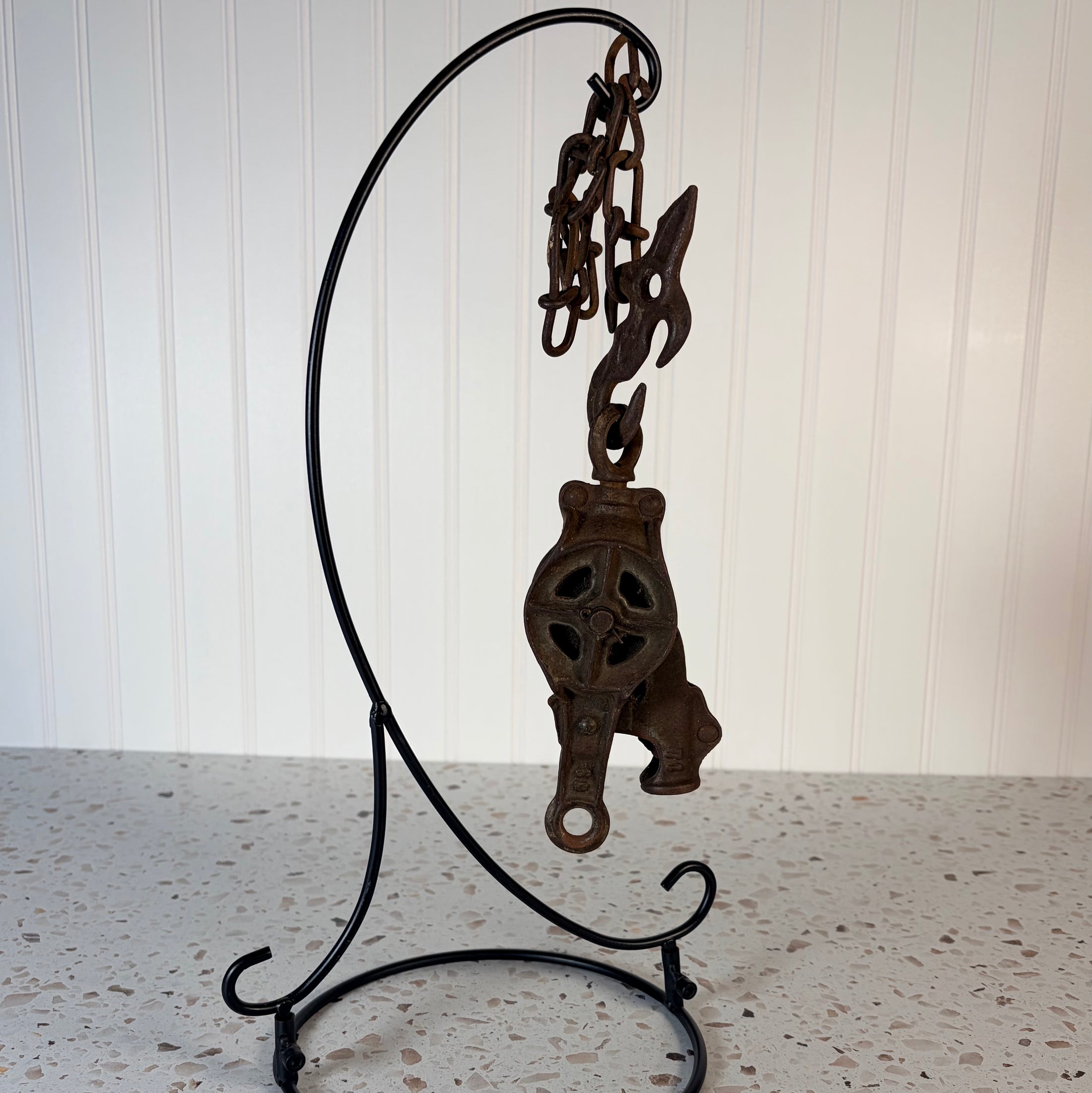 Vintage Double Pulley Fence Stretcher Block & Tackle & Swivel Hook w/ Gear Lock Mechanism