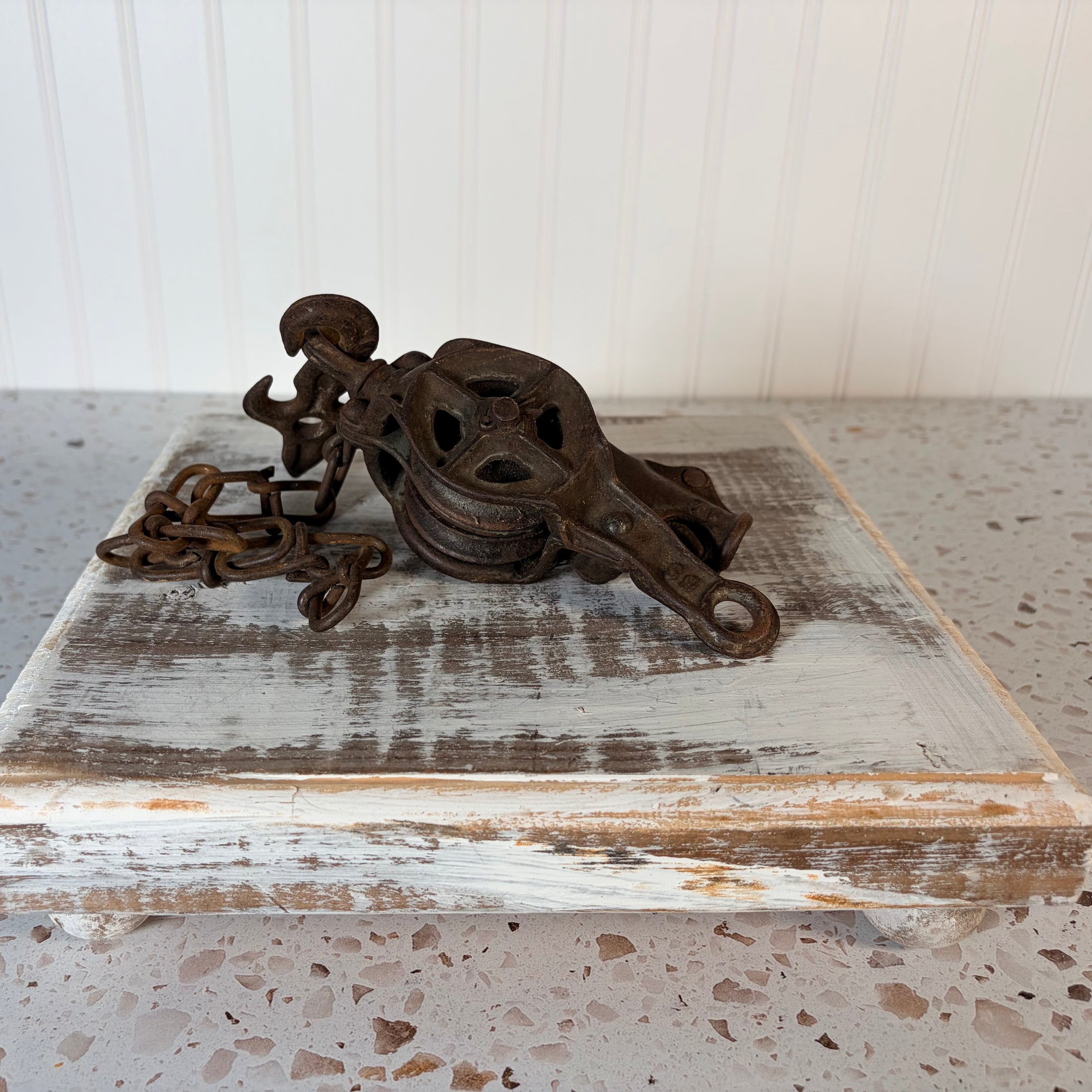 Vintage Double Pulley Fence Stretcher Block & Tackle & Swivel Hook w/ Gear Lock Mechanism