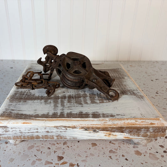 Vintage Double Pulley Fence Stretcher Block & Tackle & Swivel Hook w/ Gear Lock Mechanism