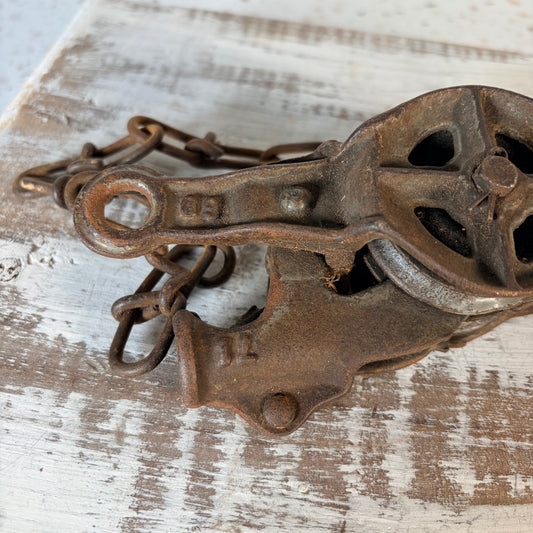 Vintage Double Pulley Fence Stretcher Block & Tackle & Swivel Hook w/ Gear Lock Mechanism