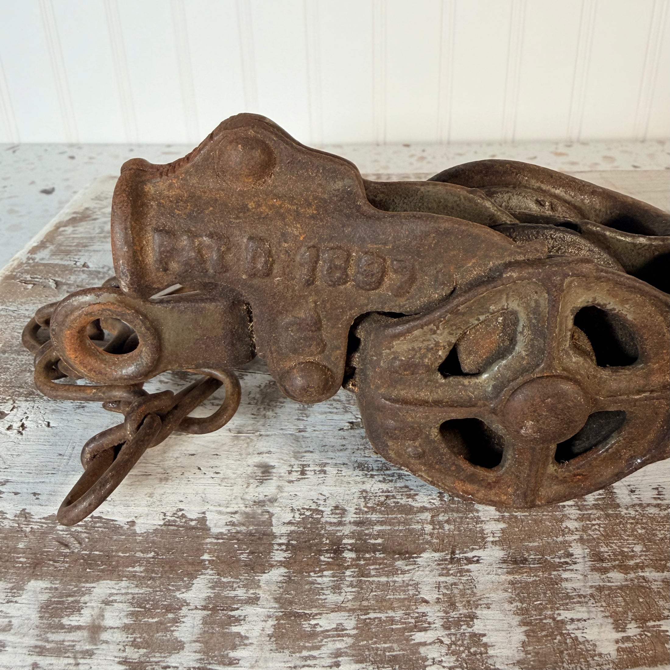 Vintage Double Pulley Fence Stretcher Block & Tackle & Swivel Hook w/ Gear Lock Mechanism