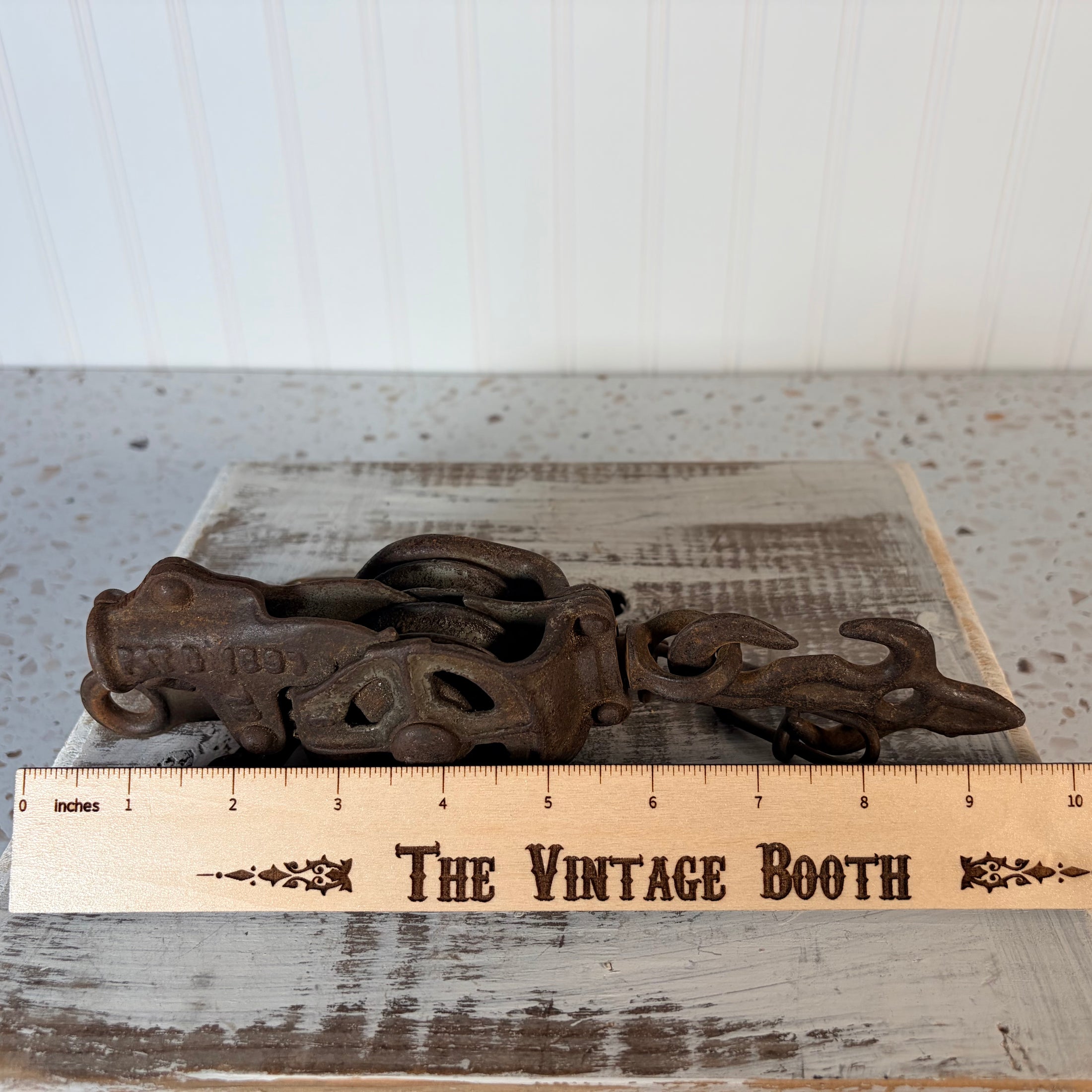 Vintage Double Pulley Fence Stretcher Block & Tackle & Swivel Hook w/ Gear Lock Mechanism