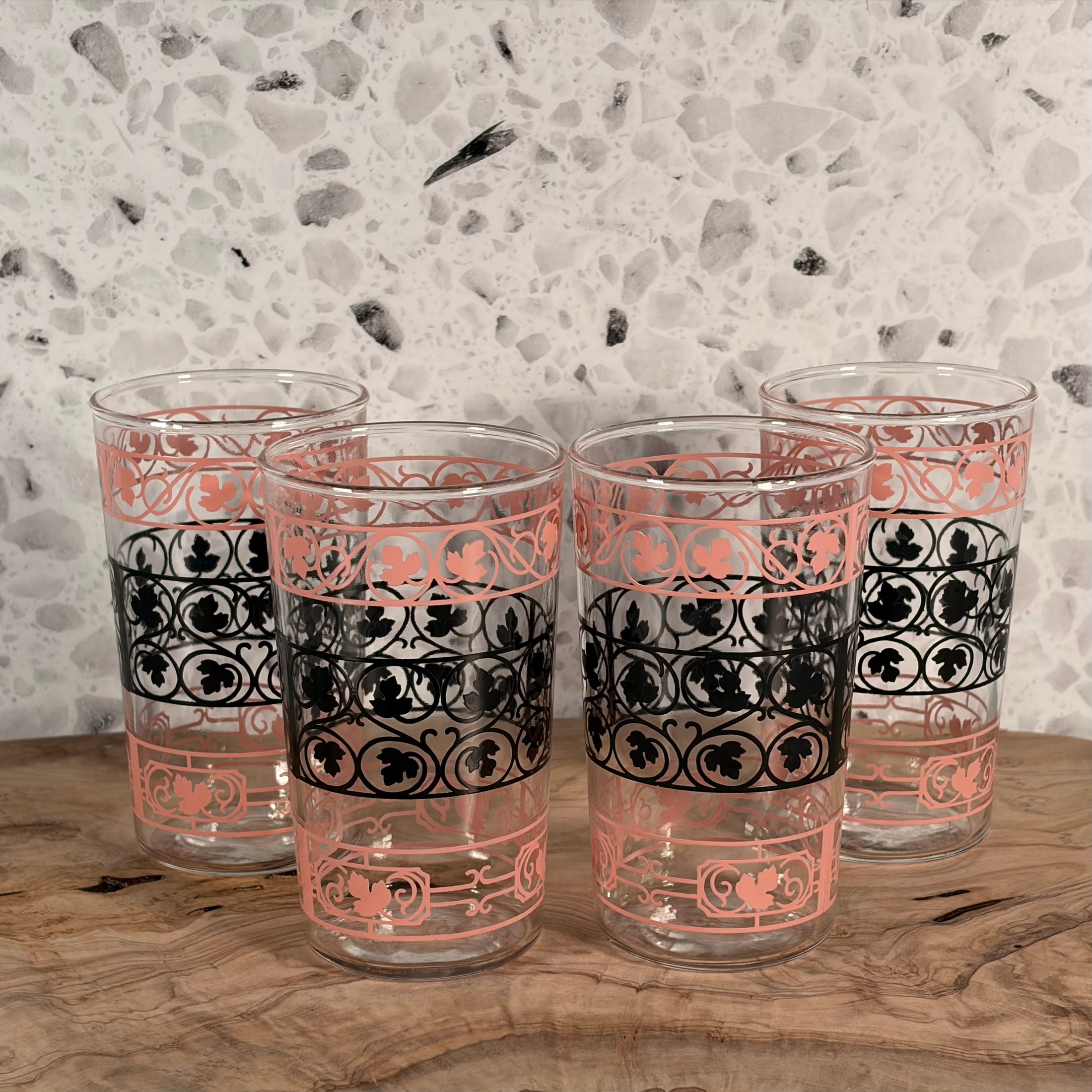 Mid Century Modern Anchor Hocking Tumblers in Ivy Scroll Pattern - Set of 4
