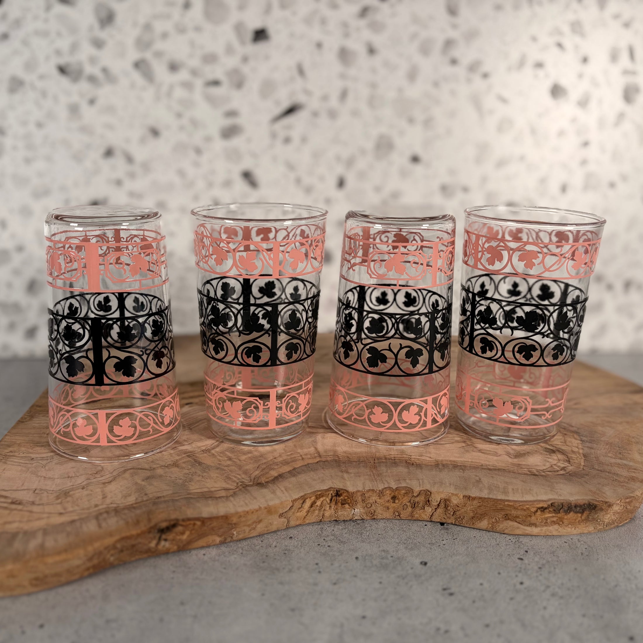 Mid Century Modern Anchor Hocking Tumblers in Ivy Scroll Pattern - Set of 4