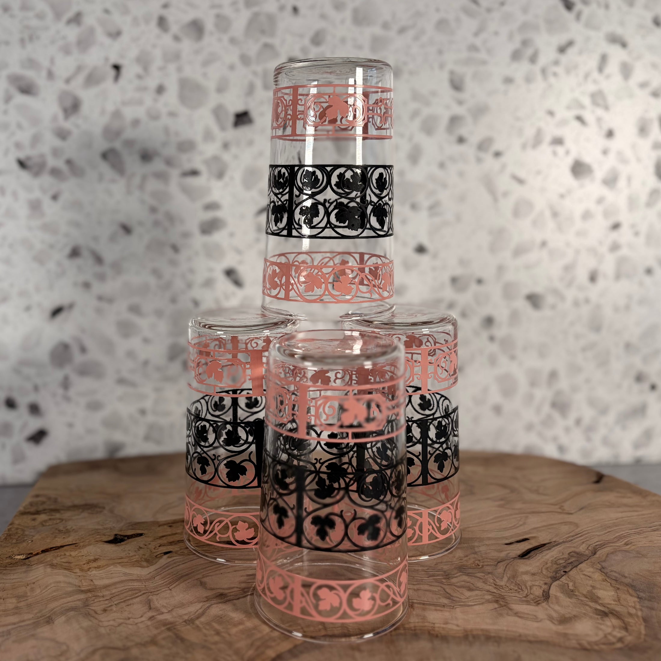 Mid Century Modern Anchor Hocking Tumblers in Ivy Scroll Pattern - Set of 4