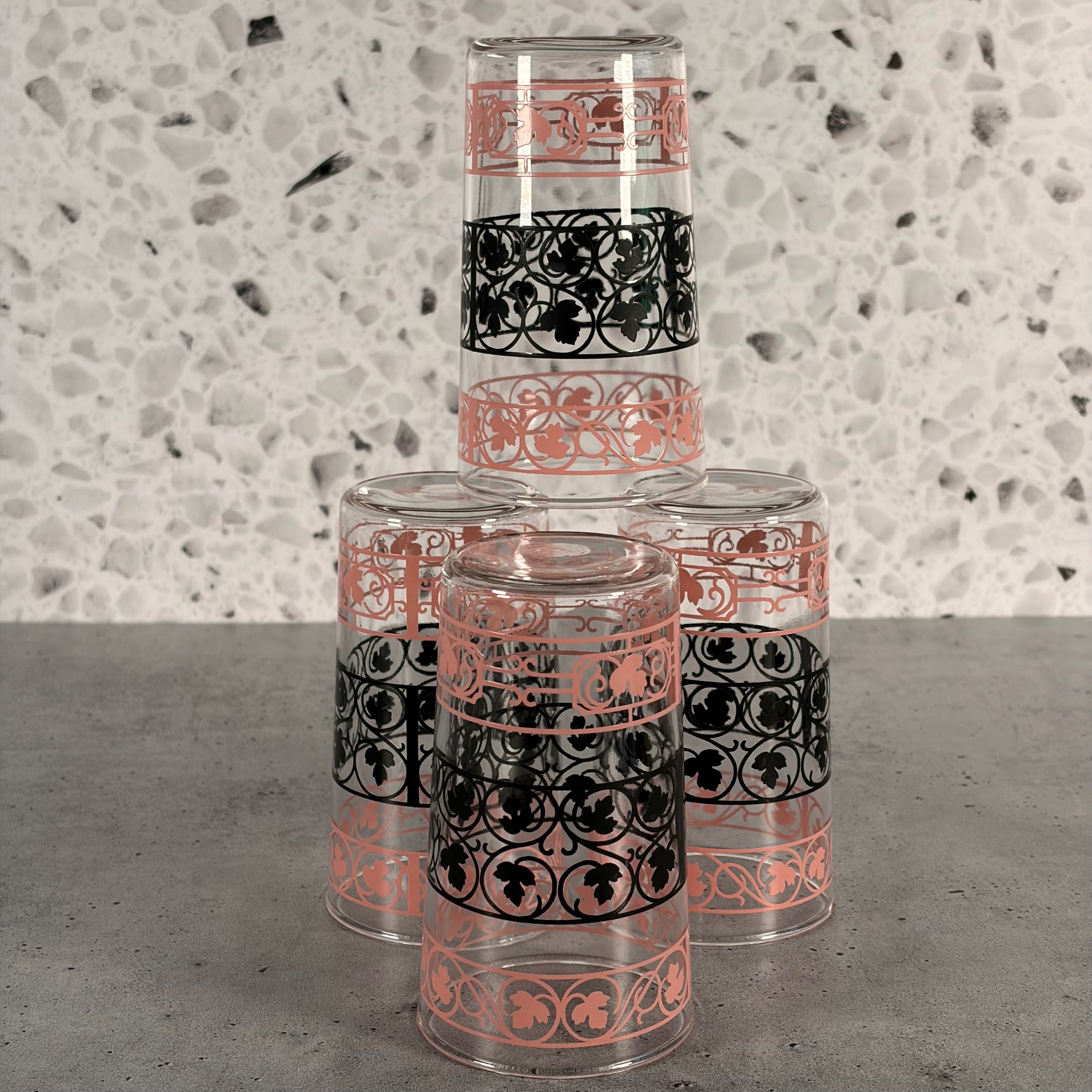 Mid Century Modern Anchor Hocking Tumblers in Ivy Scroll Pattern - Set of 4
