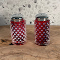Load image into Gallery viewer, Vintage MCM Fenton Cranberry Opalescent Hobnail Salt and Pepper Shakers
