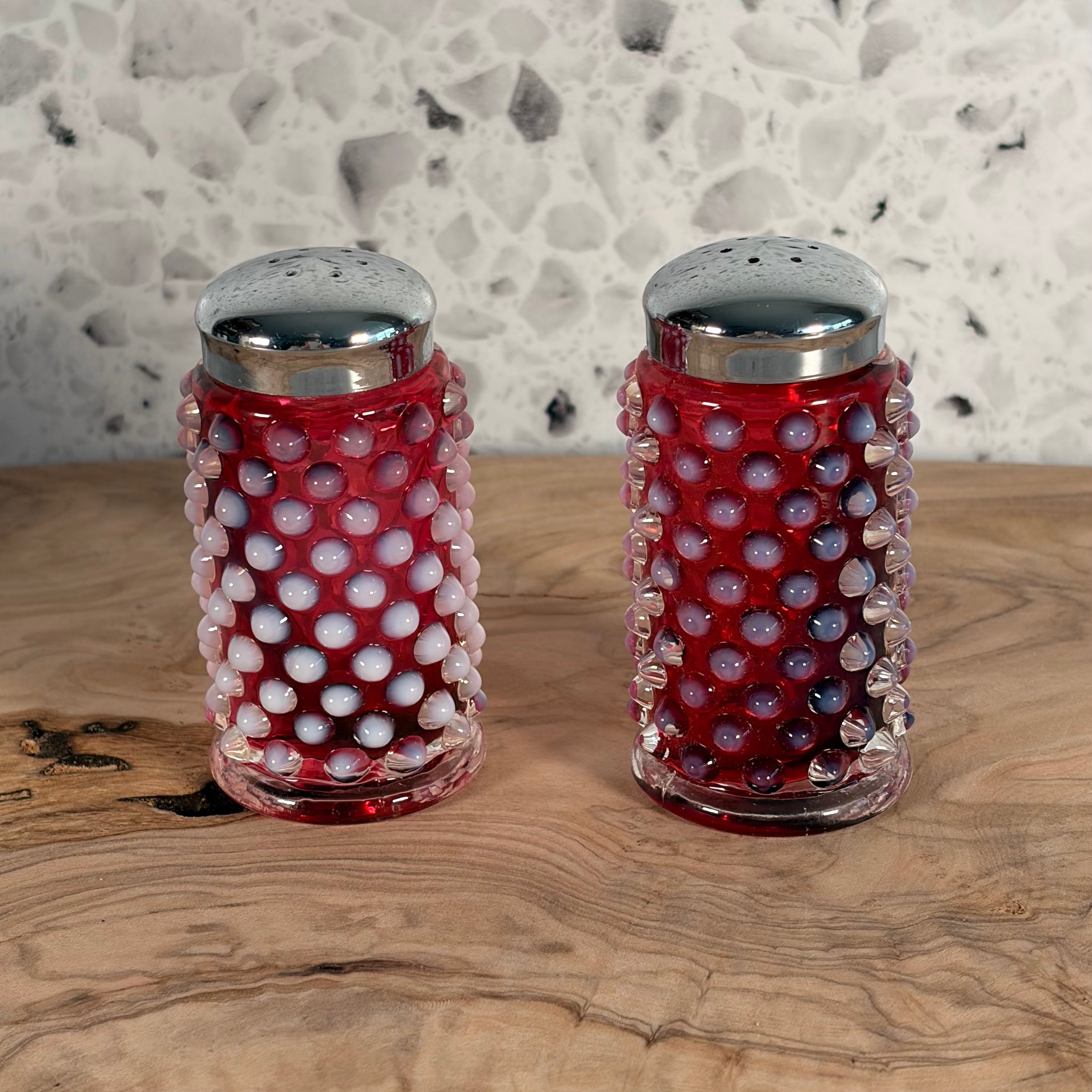 Vintage MCM Fenton Cranberry Opalescent Hobnail Salt and Pepper Shakers