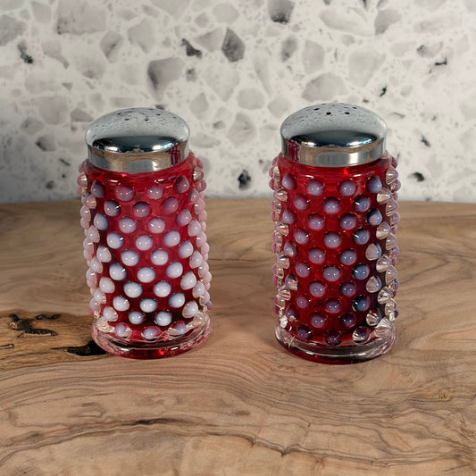 Vintage MCM Fenton Cranberry Opalescent Hobnail Salt and Pepper Shakers