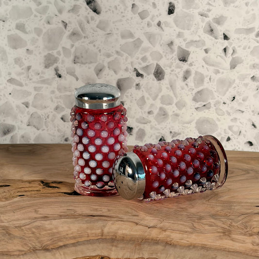 Vintage MCM Fenton Cranberry Opalescent Hobnail Salt and Pepper Shakers