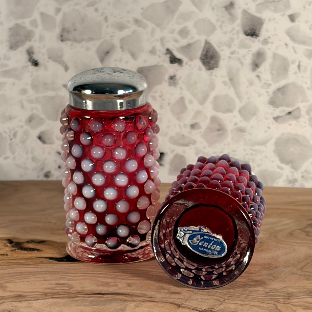 Vintage MCM Fenton Cranberry Opalescent Hobnail Salt and Pepper Shakers