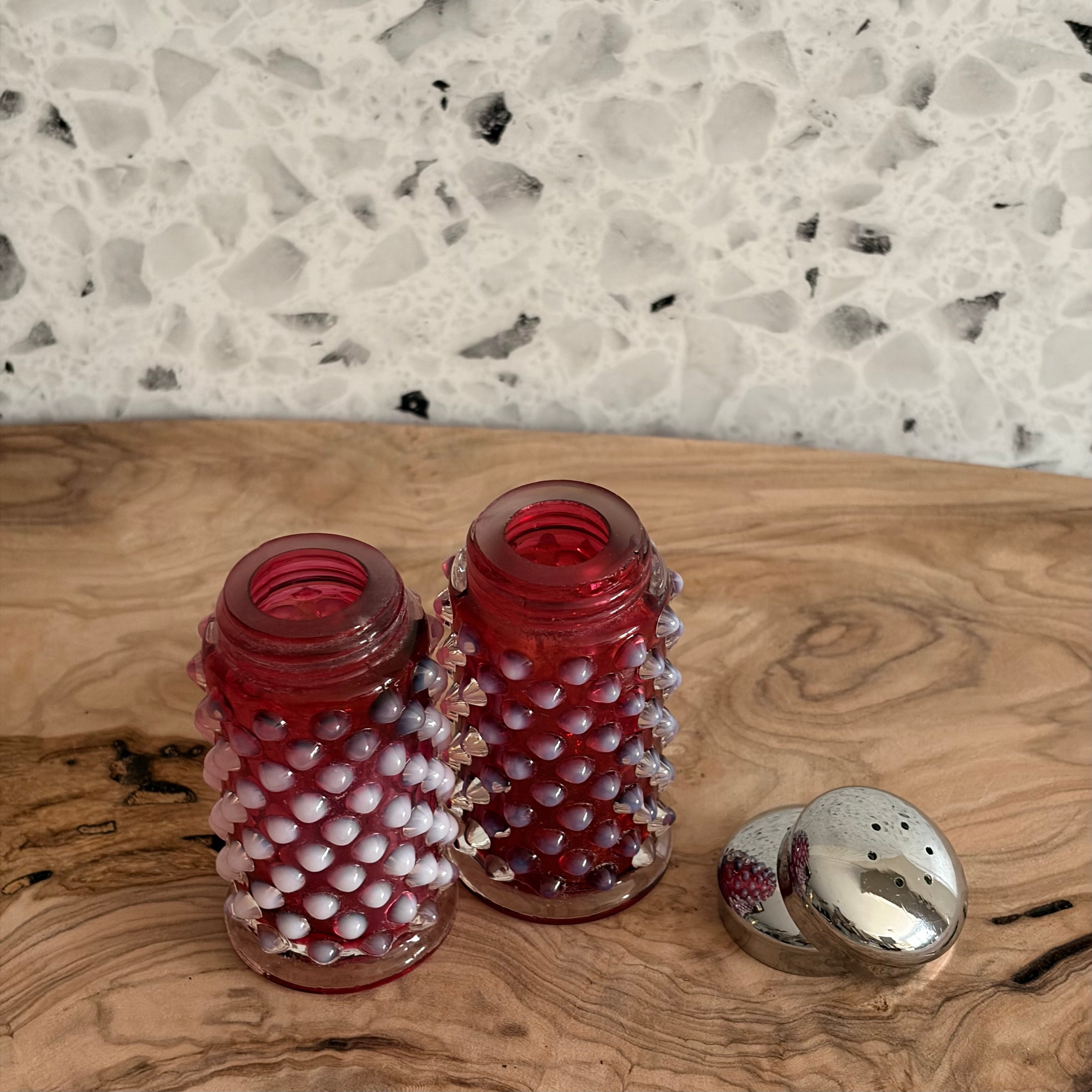 Vintage MCM Fenton Cranberry Opalescent Hobnail Salt and Pepper Shakers