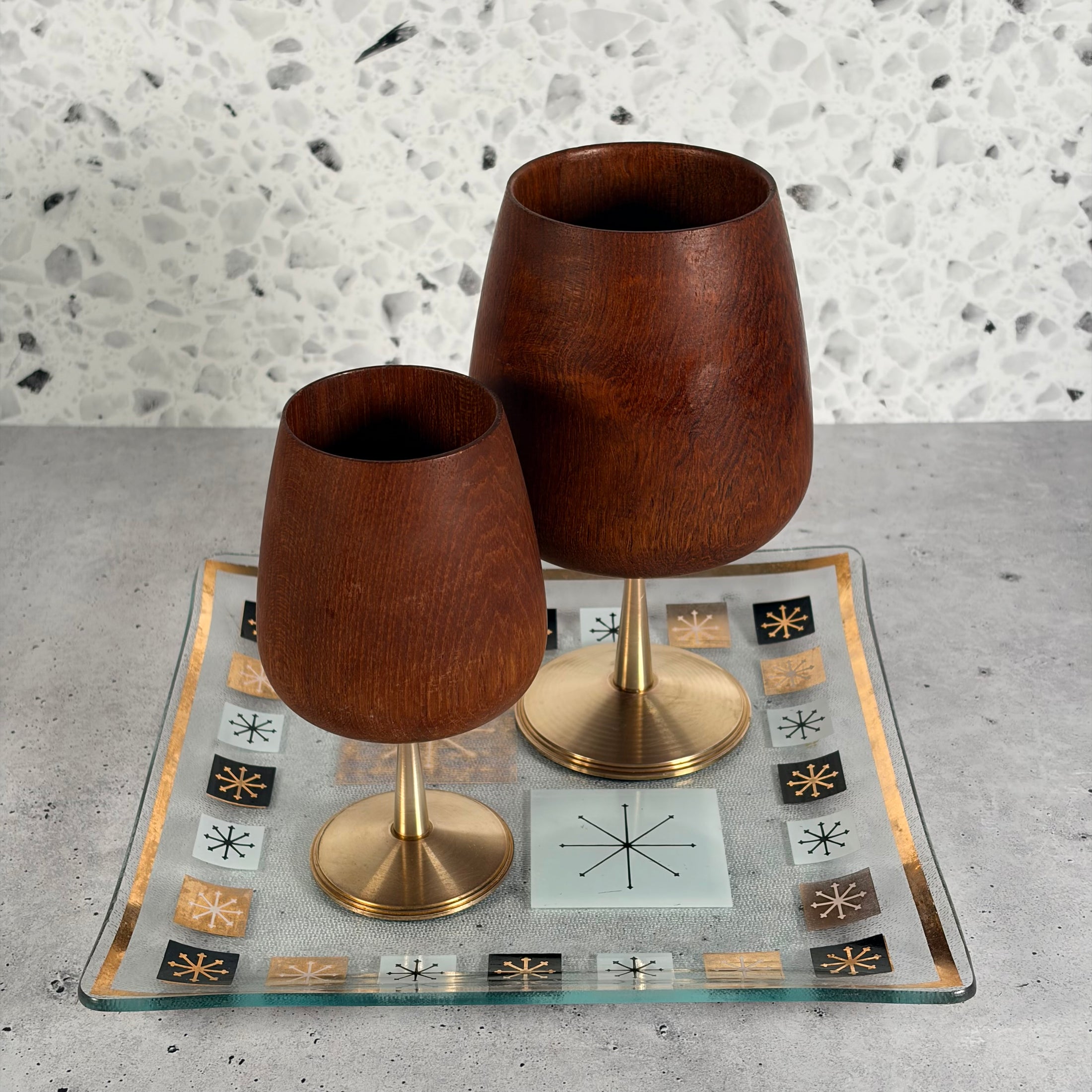 Mid Century Modern Teak Wood and Brass Goblet Set w/Inland Glass Atomic Starburst Plate