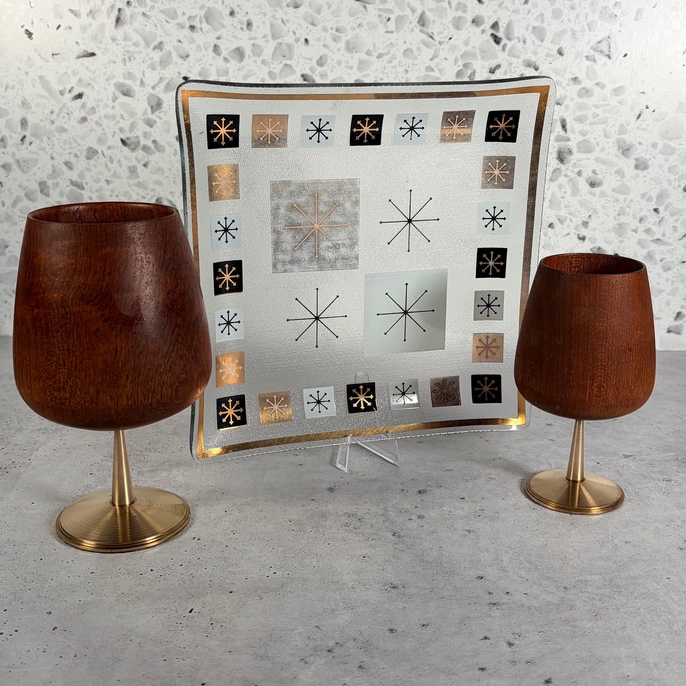 Mid Century Modern Teak Wood and Brass Goblet Set w/Inland Glass Atomic Starburst Plate