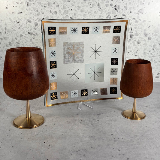 Mid Century Modern Teak Wood and Brass Goblet Set w/Inland Glass Atomic Starburst Plate