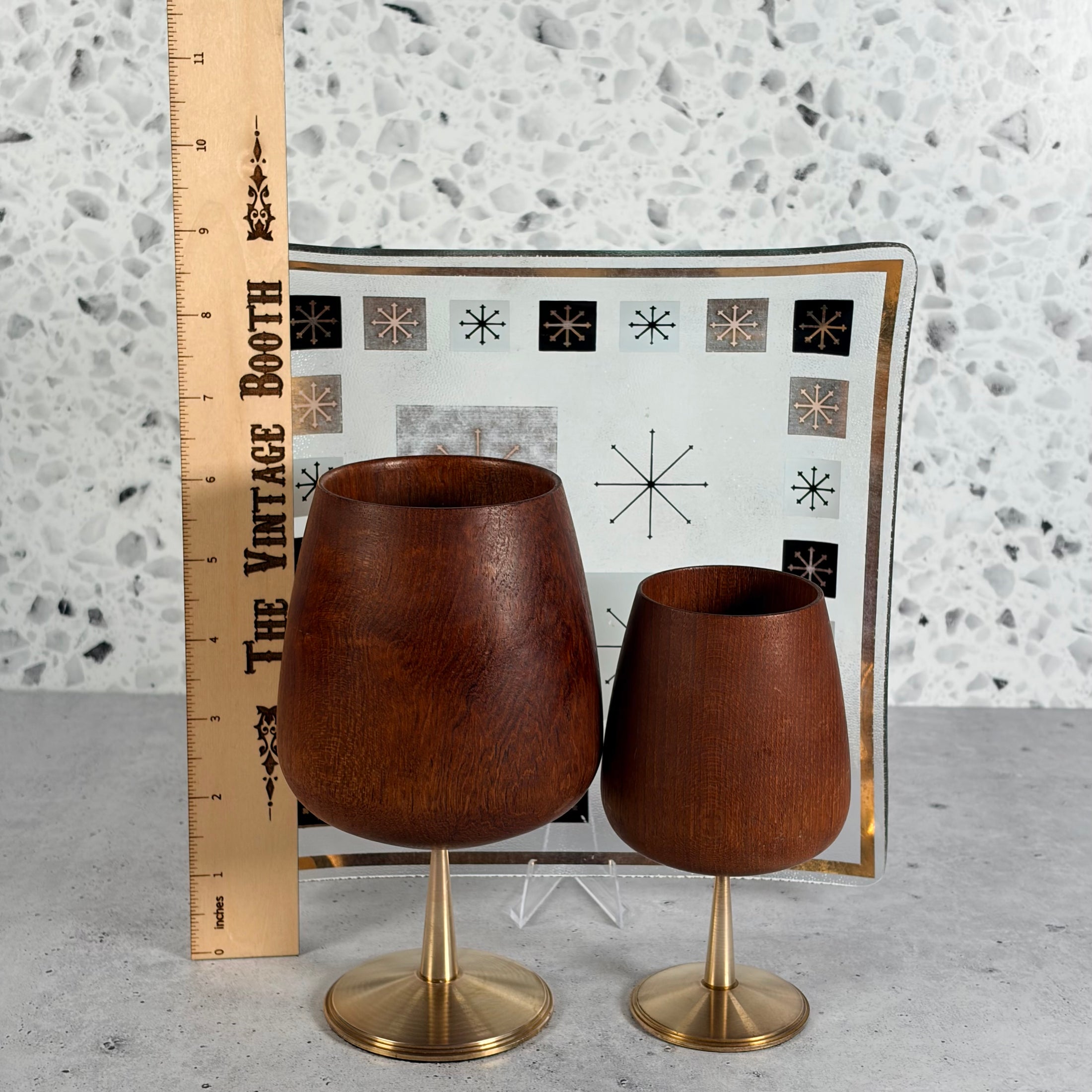 Mid Century Modern Teak Wood and Brass Goblet Set w/Inland Glass Atomic Starburst Plate