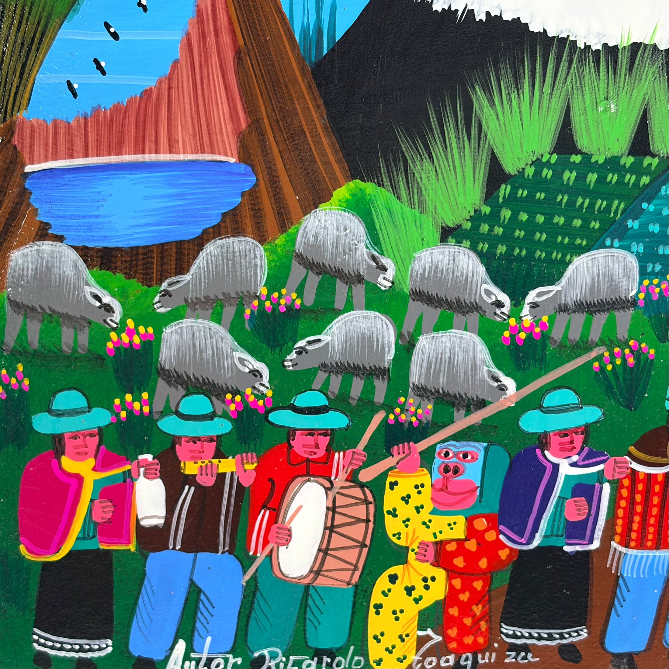 Authentic Tigua Painting - Signed by Ricardo Toaquiza- Featuring Andean/Ecuadorian Life